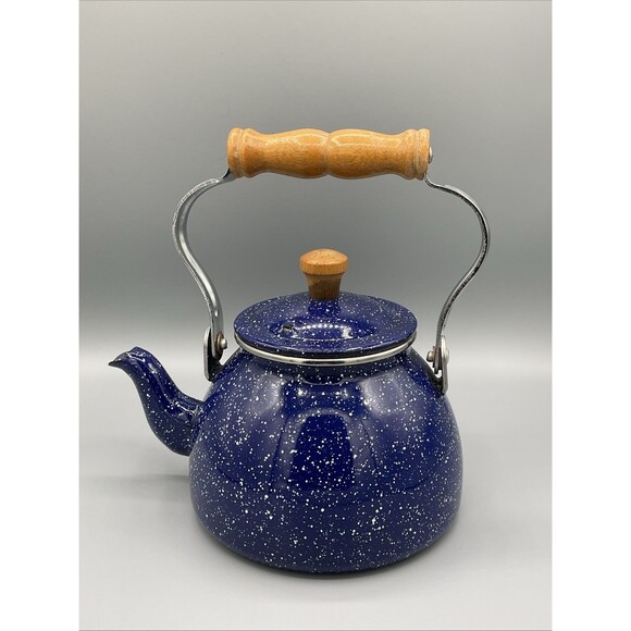 Vintage Blue White Speckled Enamelware Goose Neck Teapot Tea Kettle - Picture 2 of 13